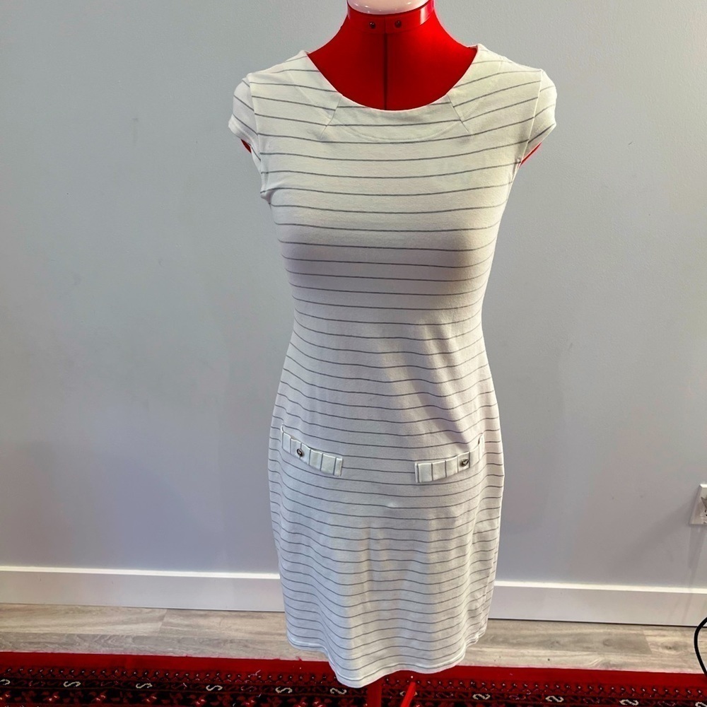 FIG Pia Cap-Sleeve Tunic Dress, Voyage Size Small White with grey stripe